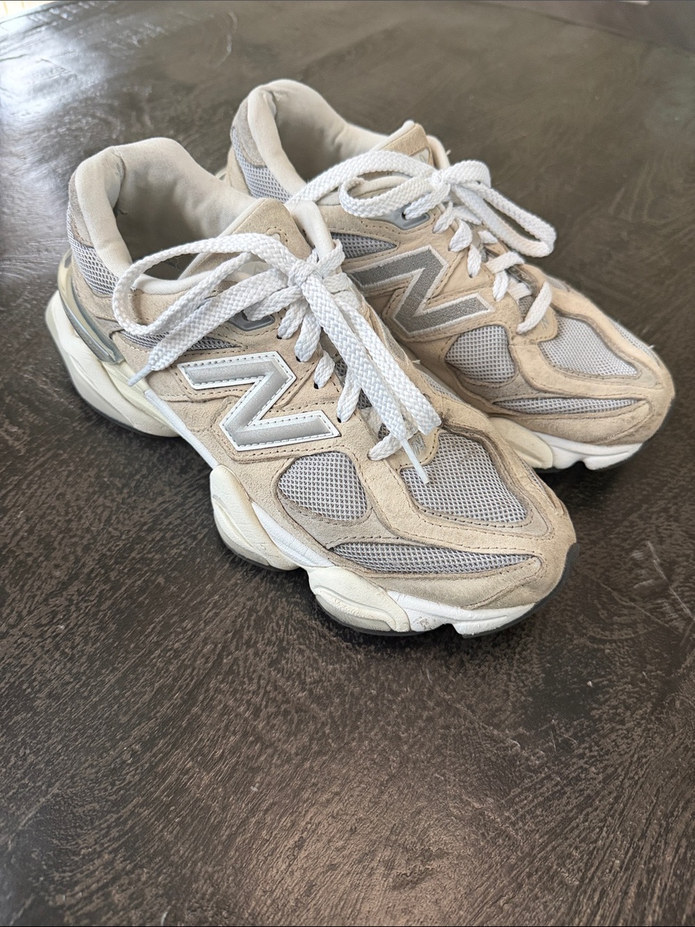 New Balance 9060 Beige and Light Gray Mesh Suede Sneakers